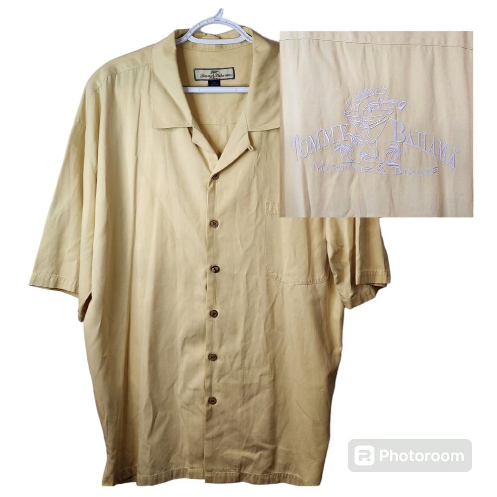 Tommy Bahama XXL 100% Silk Hawaiian Yellow Button Front Embroidered Back